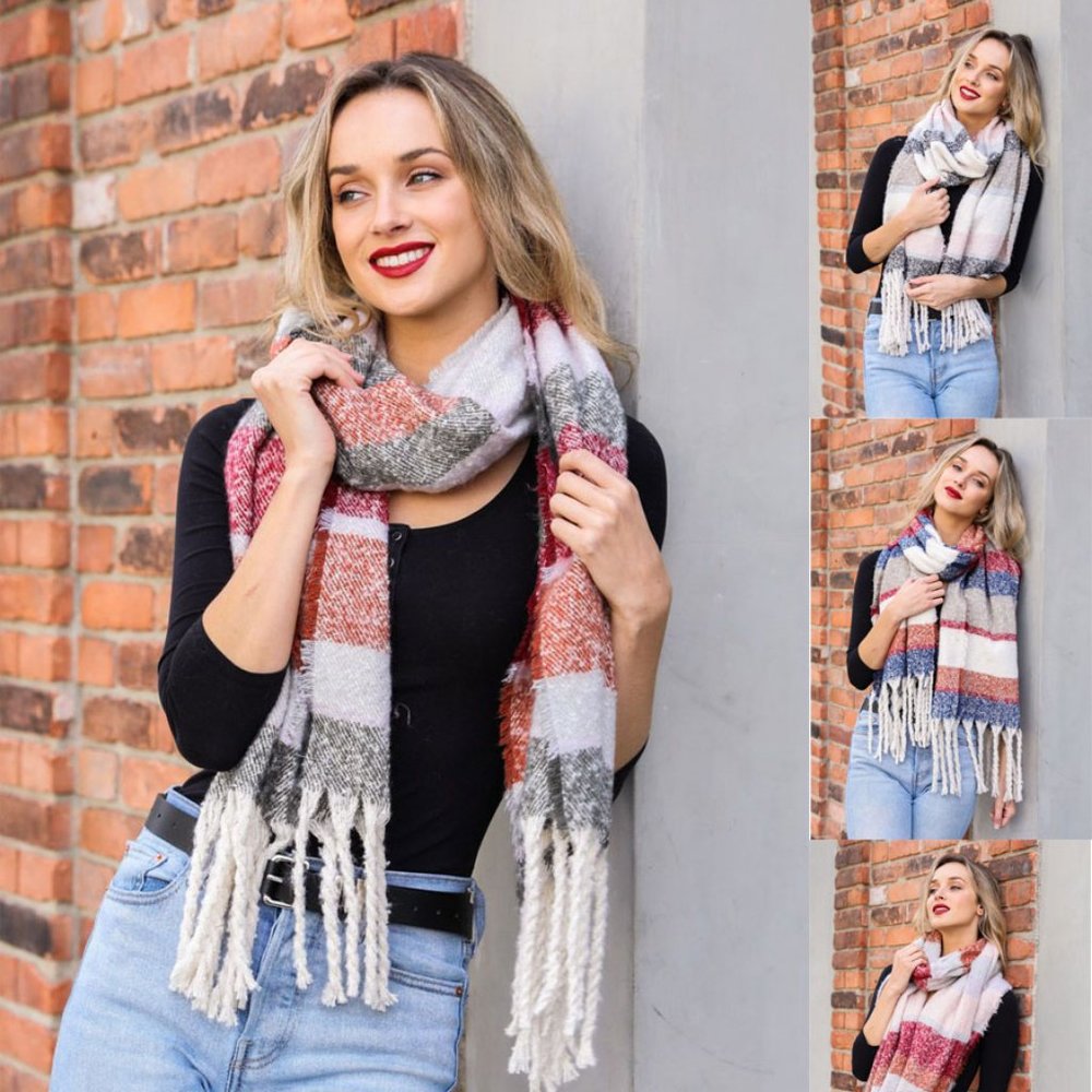 Soft Oversized Wide Striped Tassel Scarf